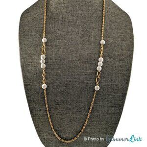 Vintage White Station Lucite Bead Scroll Link Gold Tone Chain Necklace